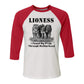 "Lioness" written above three female lions, with "I Found My Pride Through Motherhood" written below. Cotton raglan jersey baseball tee. Adult t-shirt with 3/4 sleeves. White shirt with red sleeves and collar.