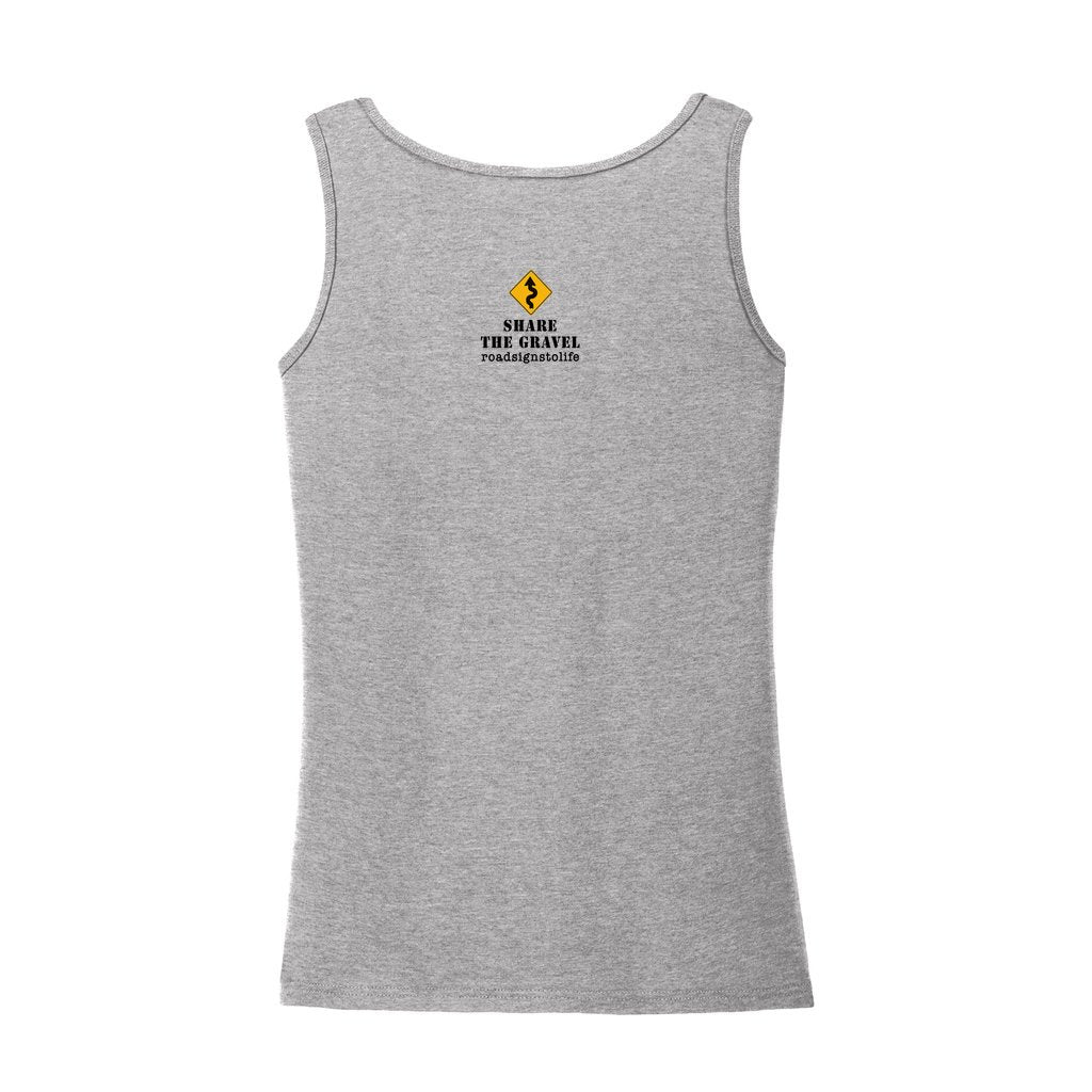 Back - with Road Signs To Life logo, "Share The Gravel" and www.roadsignstolife.com in upper middle. Adult cotton tank top. Heather gray.
