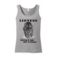 "Lioness" written above an adult female lion with her cub sitting in front of her, with "Raising A Cub, NOT A Kitten" written below. Adult cotton tank top. Heather Gray.