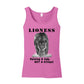 "Lioness" written above an adult female lion with her cub sitting in front of her, with "Raising A Cub, NOT A Kitten" written below. Adult cotton tank top. Azalea pink.