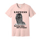 "Lioness" written above an adult female lion with her two cubs sitting in front of her, with "Raising Cubs, NOT Kittens!" written below. Adult cotton t-shirt. Light Pink.