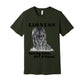 "Lioness" written above an adult female lion with her two cubs sitting in front of her, with "Raising Cubs, NOT Kittens!" written below. Adult cotton t-shirt. Dark Olive Green.