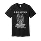 "Lioness" written above an adult female lion with her cub sitting in front of her, with "Raising A Cub, NOT A Kitten" written below. Adult cotton t-shirt. Solid black blend.