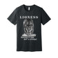 "Lioness" written above an adult female lion with her cub sitting in front of her, with "Raising A Cub, NOT A Kitten" written below. Adult cotton t-shirt. Dark heather gray.