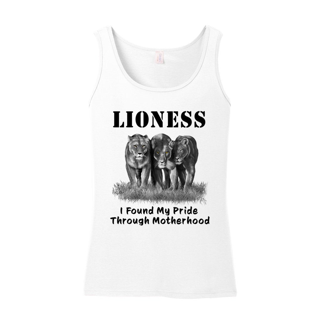 "Lioness" written above three female lions, with "I Found My Pride Through Motherhood" written below.  Adult cotton t-shirt. White.