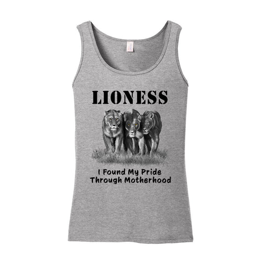"Lioness" written above three female lions, with "I Found My Pride Through Motherhood" written below.  Adult cotton tank top. Heather Gray.