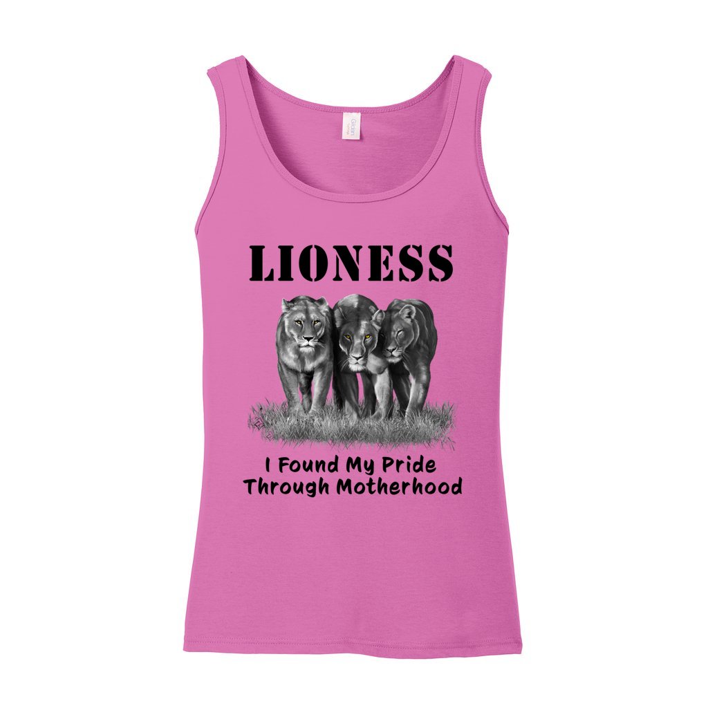 "Lioness" written above three female lions, with "I Found My Pride Through Motherhood" written below.  Adult cotton t-shirt. Azalea Pink.