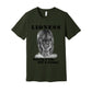 "Lioness" written above an adult female lion with her cub sitting in front of her, with "Raising A Cub, NOT A Kitten" written below. Adult cotton t-shirt. Dark olive green.
