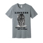 "Lioness" written above an adult female lion with her cub sitting in front of her, with "Raising A Cub, NOT A Kitten" written below. Adult cotton t-shirt. Athletic gray.