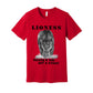 "Lioness" written above an adult female lion with her cub sitting in front of her, with "Raising A Cub, NOT A Kitten" written below. Adult cotton t-shirt. Red.