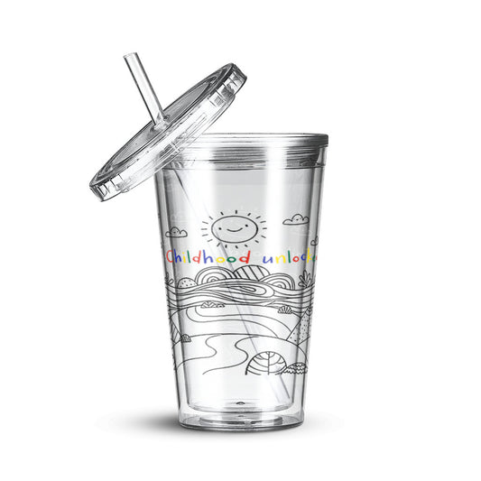 Child's line drawing of mountain range with "Childhood unlocked" written in primary colors. Clear acrylic tumbler with lid and straw. 16 oz.