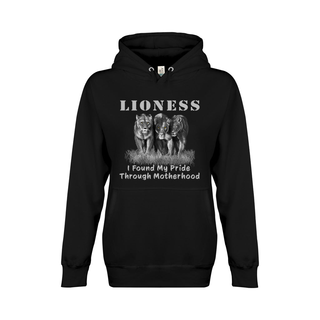 On the front - "Lioness" written above three female lions, with "I Found My Pride Through Motherhood" written below. Fleece-lined premium pullover sweatshirt, with kangaroo pouch pocket. Black.