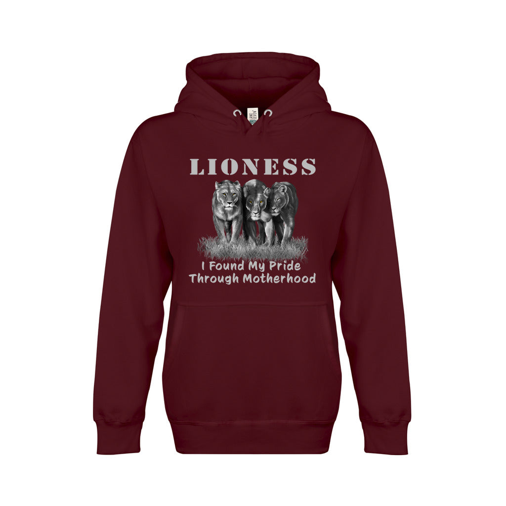 On the front - "Lioness" written above three female lions, with "I Found My Pride Through Motherhood" written below. Fleece-lined premium pullover sweatshirt, with kangaroo pouch pocket. Red.