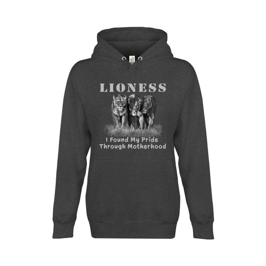 On the front - "Lioness" written above three female lions, with "I Found My Pride Through Motherhood" written below. Fleece-lined premium pullover sweatshirt, with kangaroo pouch pocket. Charcoal Gray.