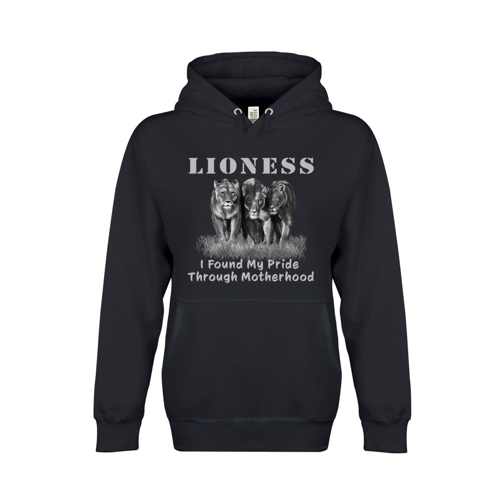 On the front - "Lioness" written above three female lions, with "I Found My Pride Through Motherhood" written below. Fleece-lined premium pullover sweatshirt, with kangaroo pouch pocket. Navy Blue.