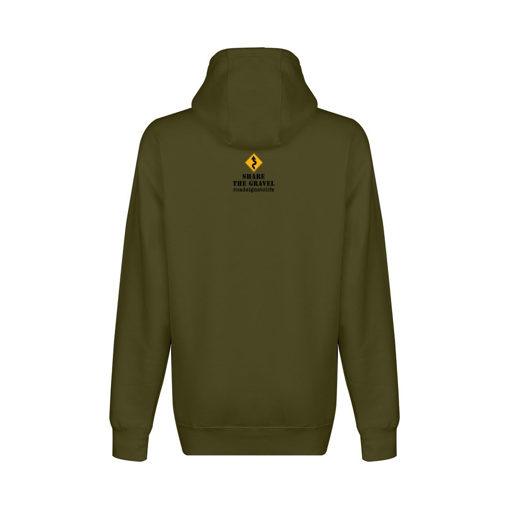 Back - with Road Signs To Life logo, "Share The Gravel" and www.roadsignstolife.com in upper middle. Fleece-lined premium pullover sweatshirt. Army green.