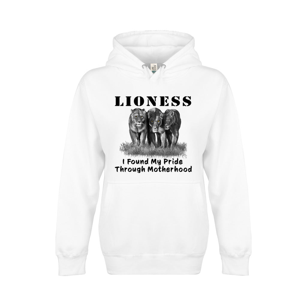 On the front - "Lioness" written above three female lions, with "I Found My Pride Through Motherhood" written below. Fleece-lined premium pullover sweatshirt, with kangaroo pouch pocket. White.