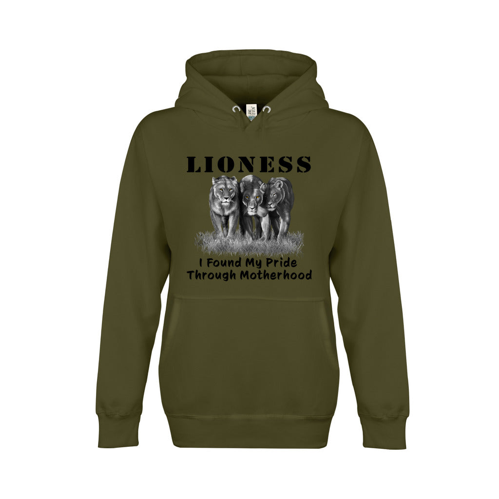 On the front - "Lioness" written above three female lions, with "I Found My Pride Through Motherhood" written below. Fleece-lined premium pullover sweatshirt, with kangaroo pouch pocket. Army green.