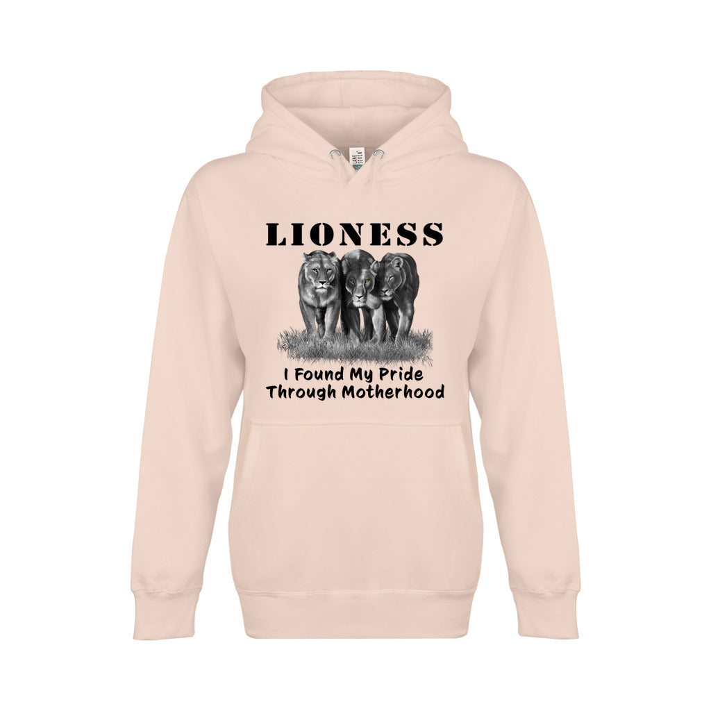 On the front - "Lioness" written above three female lions, with "I Found My Pride Through Motherhood" written below. Fleece-lined premium pullover sweatshirt, with kangaroo pouch pocket. Light Pink.