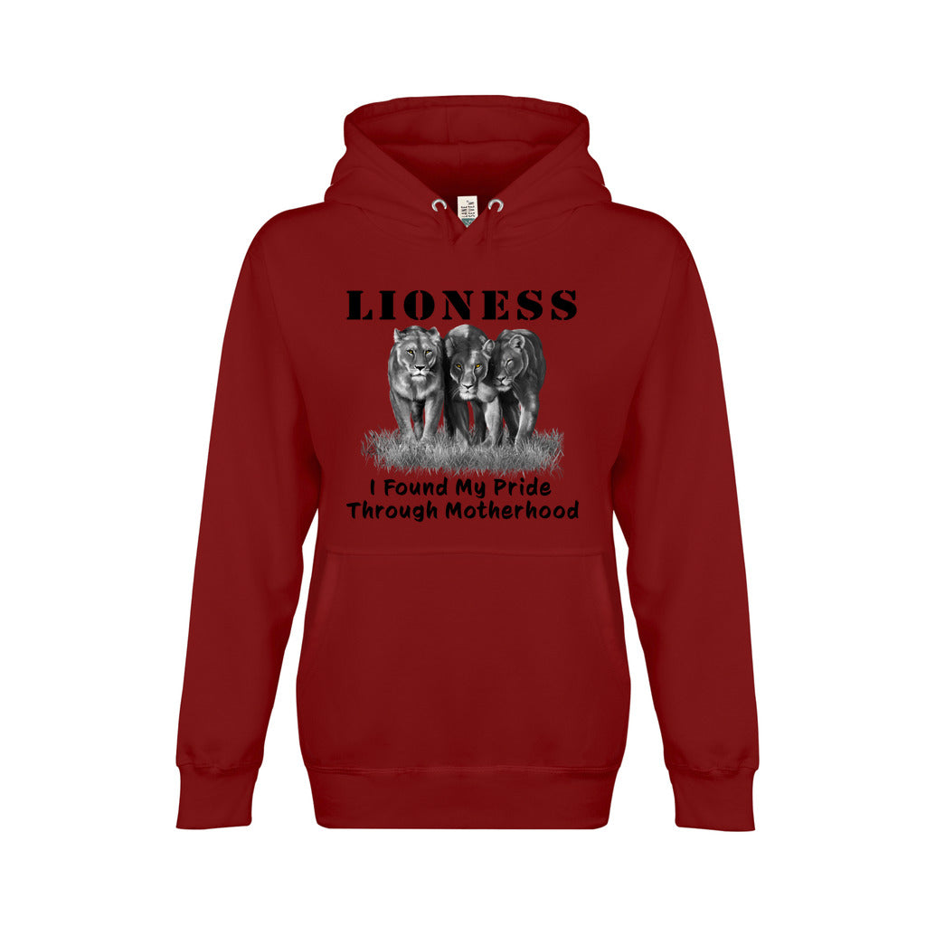 On the front - "Lioness" written above three female lions, with "I Found My Pride Through Motherhood" written below. Fleece-lined premium pullover sweatshirt, with kangaroo pouch pocket. Red.