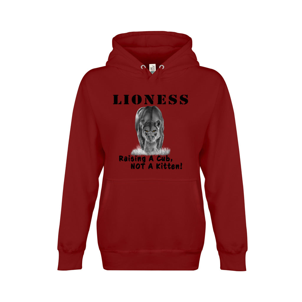 On the front - "Lioness" written above an adult female lion with her cub sitting in front of her, with "Raising A Cub, NOT A Kitten" written below. Fleece-lined premium pullover sweatshirt, with kangaroo pouch pocket. Red.