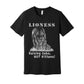 "Lioness" written above an adult female lion with her two cubs sitting in front of her, with "Raising Cubs, NOT Kittens!" written below. Adult cotton t-shirt. Solid Black Blend.
