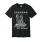"Lioness" written above an adult female lion with her two cubs sitting in front of her, with "Raising Cubs, NOT Kittens!" written below. Adult cotton t-shirt. Vintage Black.