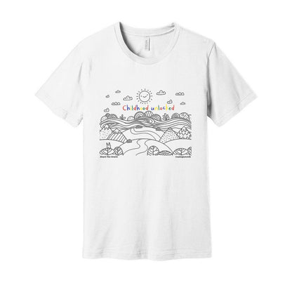 Child's line drawing of mountain range with "Childhood unlocked" written in primary colors. Adult cotton t-shirt. White.