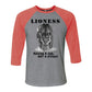 "Lioness" written above an adult female lion with her cub sitting in front of her, with "Raising A Cub, NOT A Kitten" written below. Cotton raglan jersey baseball tee. Adult t-shirt with 3/4 sleeves. Heather gray shirt with red triblend sleeves and collar.