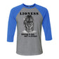 "Lioness" written above an adult female lion with her cub sitting in front of her, with "Raising A Cub, NOT A Kitten" written below. Cotton raglan jersey baseball tee. Adult t-shirt with 3/4 sleeves. Heather gray shirt with true royal blue triblend sleeves and collar.