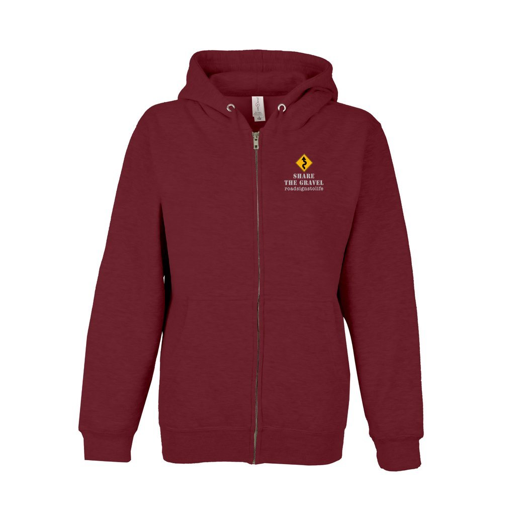 Front of zip-up fleece-lined sweatshirt with Road Signs To Life logo, "Share The Gravel" and www.roadsignstolife.com on the upper left. Burgundy.