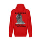 On the back - "Lioness" written above an adult female lion with her two cubs sitting in front of her, with "Raising Cubs, NOT Kittens!" written below. Fleece-lined, full zip-up hoodie sweatshirt. Red.