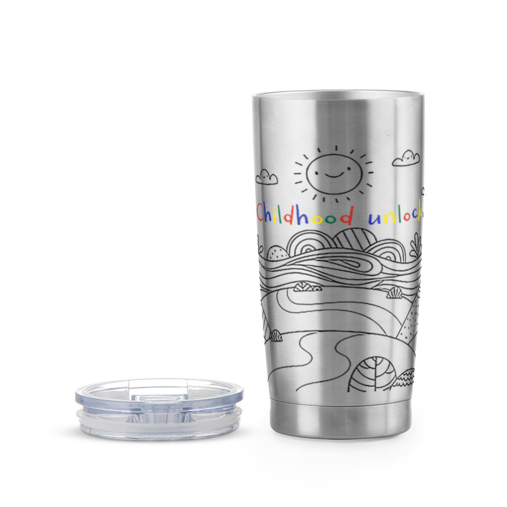 Child's line drawing of mountain range with "Childhood unlocked" written in primary colors. Stainless steel tumbler with clear plastic lid with thumb-slide opening. 20 oz.